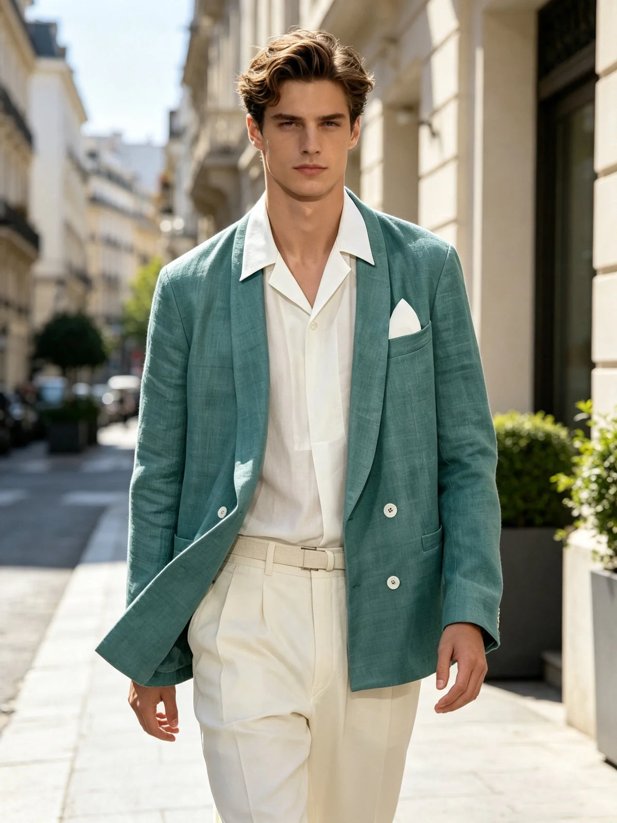 Summer Cotton Linen Blend Men Blazer Double Breasted Casual Suit Jacket Lightweight Soft Elegant Dress Coat For Prom Work Party
