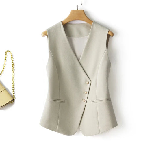 Short V-neck sleeveless blazer vest for women spring and autumn style suitable for workplace and commuting with diagonal button closure