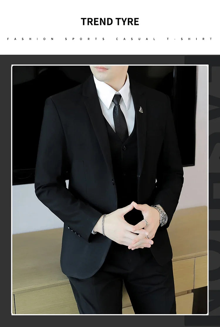 High-End Men's Wedding Suit 3-Piece Set Handsome Banquet Smart Casual Fashionable Three-Quarter Length Vest Trousers Four Season
