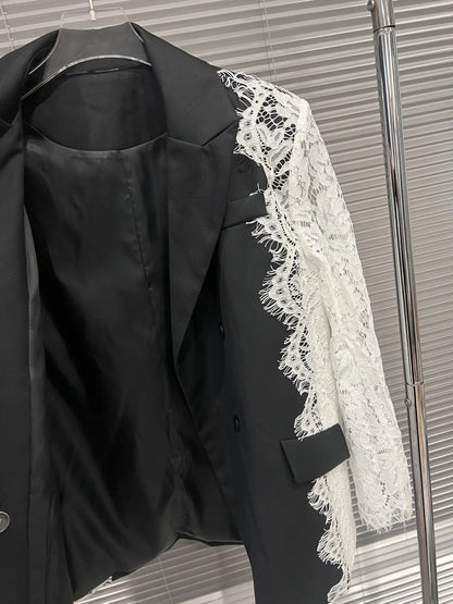 Women Chic Blazer Lace Patchwork Color Block Notched Collar Double Breasted Elegant Trendy Jacker New Spring Autumn HK20168