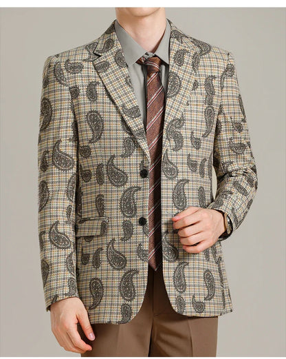 Autumn Winter Cashew Plaid Suit Jacket Men Fashion Casual Embroidered Jacquard Suit Jackets Business Social Party Men Blazers