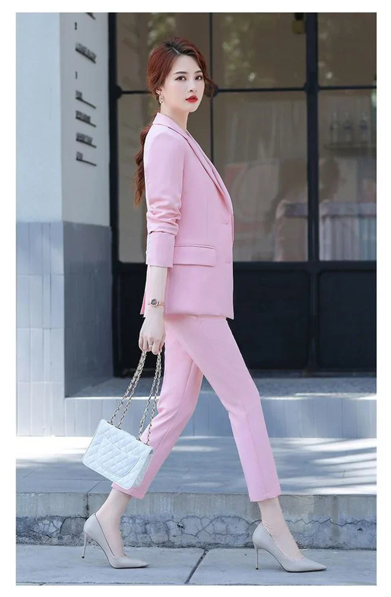 Lady Solid Lapel Blazer Suit Full Sleeve V-neck Single Breasted Straight Leg Pants Suits 2026 Fashion New Office Commute Outfit