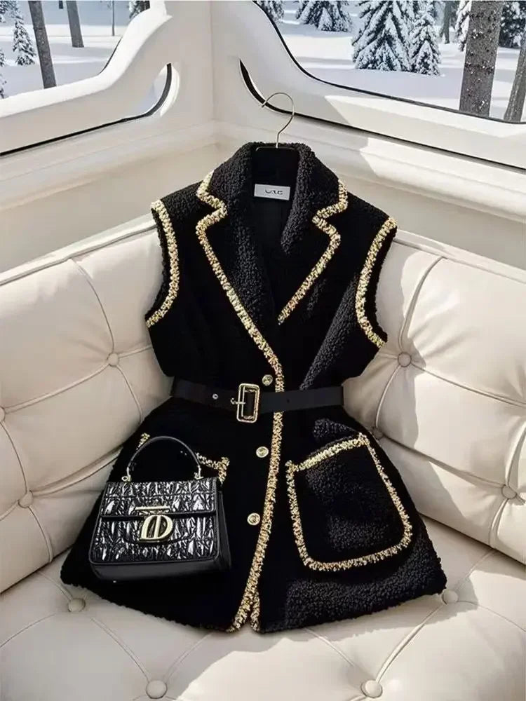 Layering Outerwear Black Lambhair Horseclip Thick Coat Sweet Office Lady Y2K Jackets Sleeveless Blazers Vest New Spring Winter