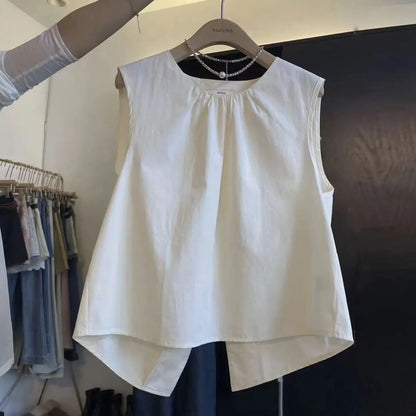 Korean Loose Fit Round Neck Sleeveless Vest 2025 Summer Women's Pure Top Split at Back Shirt