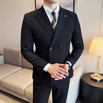 Men's Double Breasted Slim Fit Suit Set – Wedding & Smart Casual – Navy Blue, Brown, Black