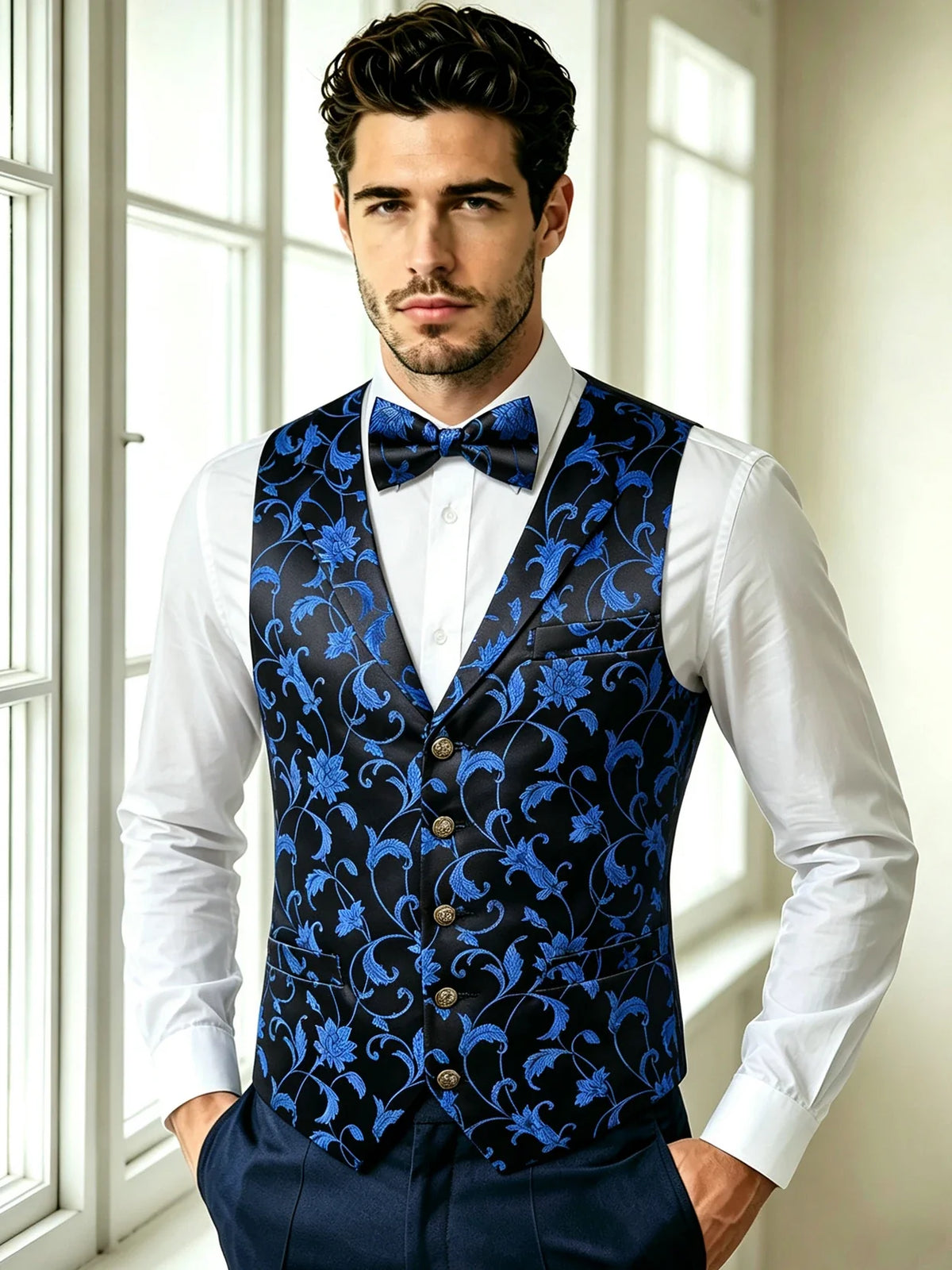Men's Red Jacquard Floral Vest Notched Lapel Collar – Formal Waistcoat & Bowtie Set