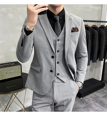 Plus Size S-7XL Man Korean Slim Fit Custom Groom Business Casual Tuxedo Blazers Vest Pant Casual Wedding Social Tuxedo Dress