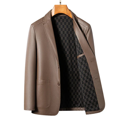 Spring/Summer New Men's Suit Collar Leather Jacket for Business and Casual Wear PU Leather Jacket for Middle-aged Men's Business