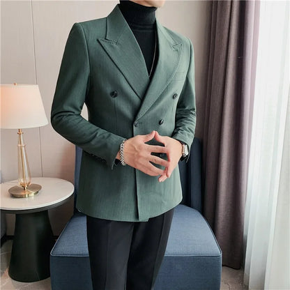 High Quality Double Breasted Suit Jacket Men Striped Casual Business Blazer Slim Fit Wedding Groom Office Social Dress Coat