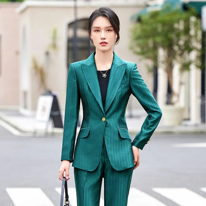 Professional Women's Suit2024New Autumn Green Striped Acetate Suit Workwear Elegant High-end Workplace Formal Wear