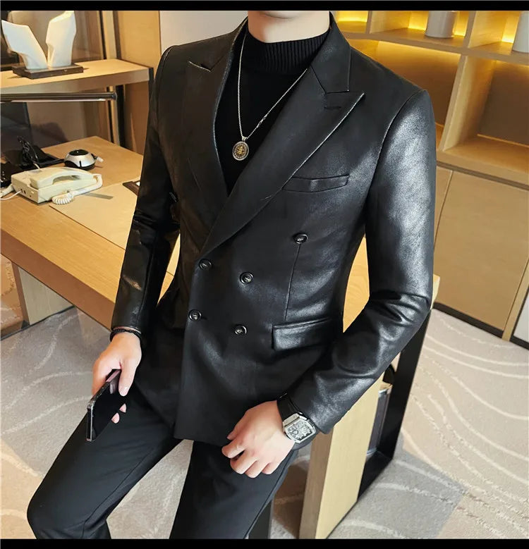 Brand Retro Leather Suit Jacket Men British Style Double Breasted Casual Business Blazers Wedding Groom Party Banquet Jackets
