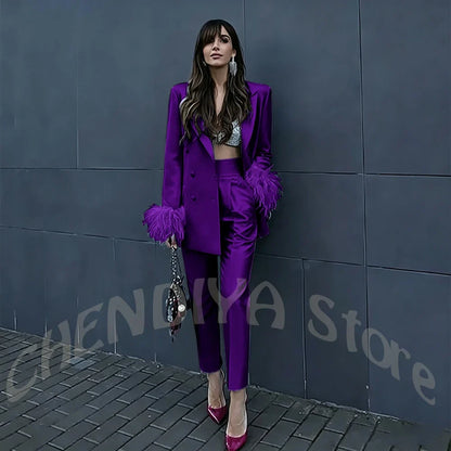 Fuchsia Satin Women's Suit Set Peak Lapel Shiny Glossy Blazer with Feather Elegant Luxury Outfit for Dinner Party Formal Event