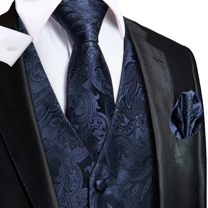 Men's Double Breasted Paisley Jacquard Waistcoat Set with Necktie & Pocket Square for Weddings and Tuxedo