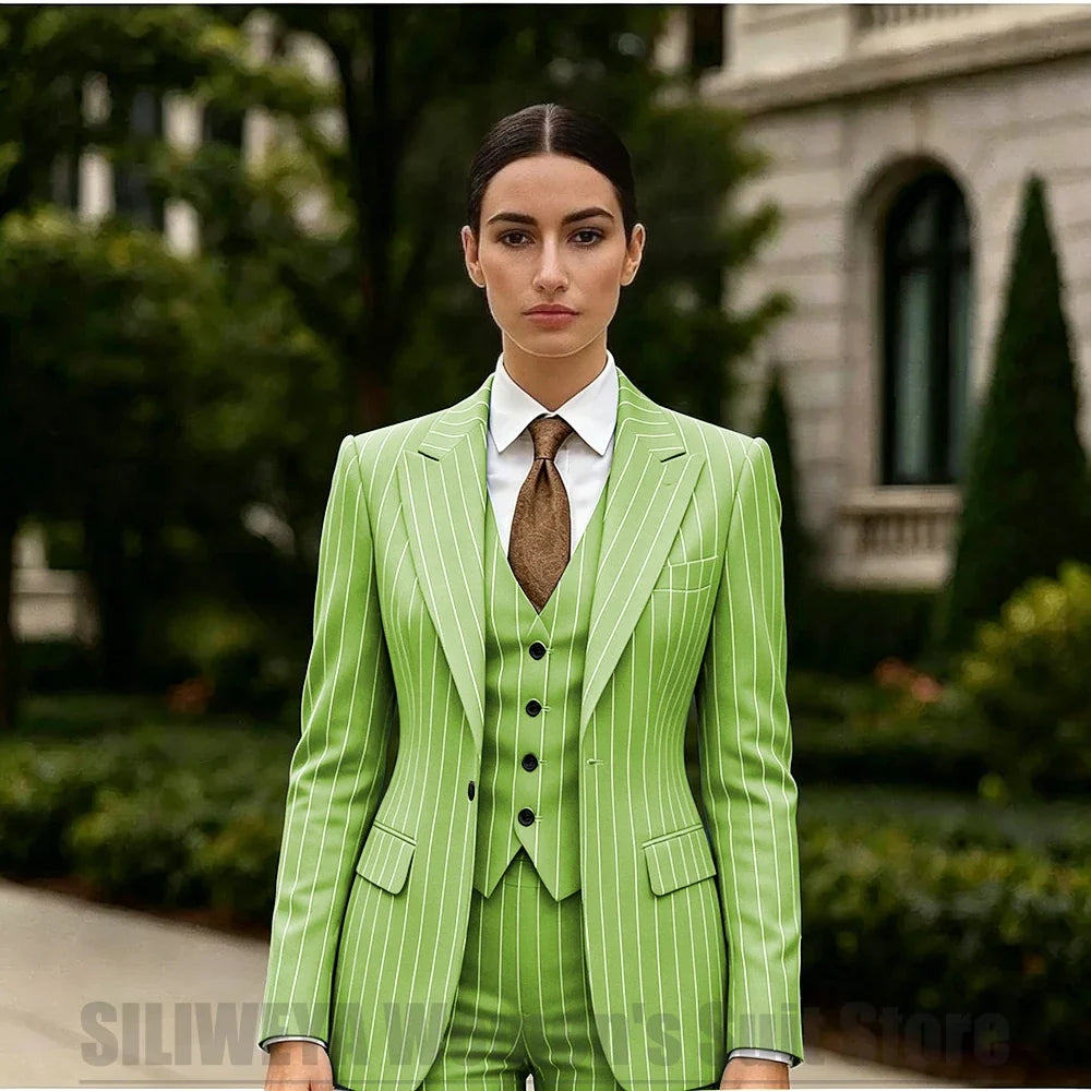 White Striped Women Suit 3 Piece Chic Peak Lapel One Button Blazer Vest Pants Formal Office Business Wedding Party Wear