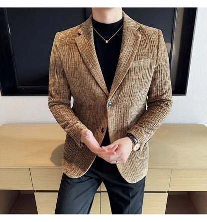 2025 Winter Chenier Thick Suit Jacket for Men Korean Slim Fit Casual Business Men Blazers Wedding Groom Office Social Dress Coat