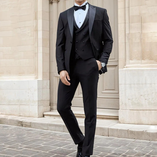 Men Suit 3 Pieces Black With Bright Lapel For Wedding Banquet Birthday Business Work Daily Tuxedo Set Jacket Vest With Pants