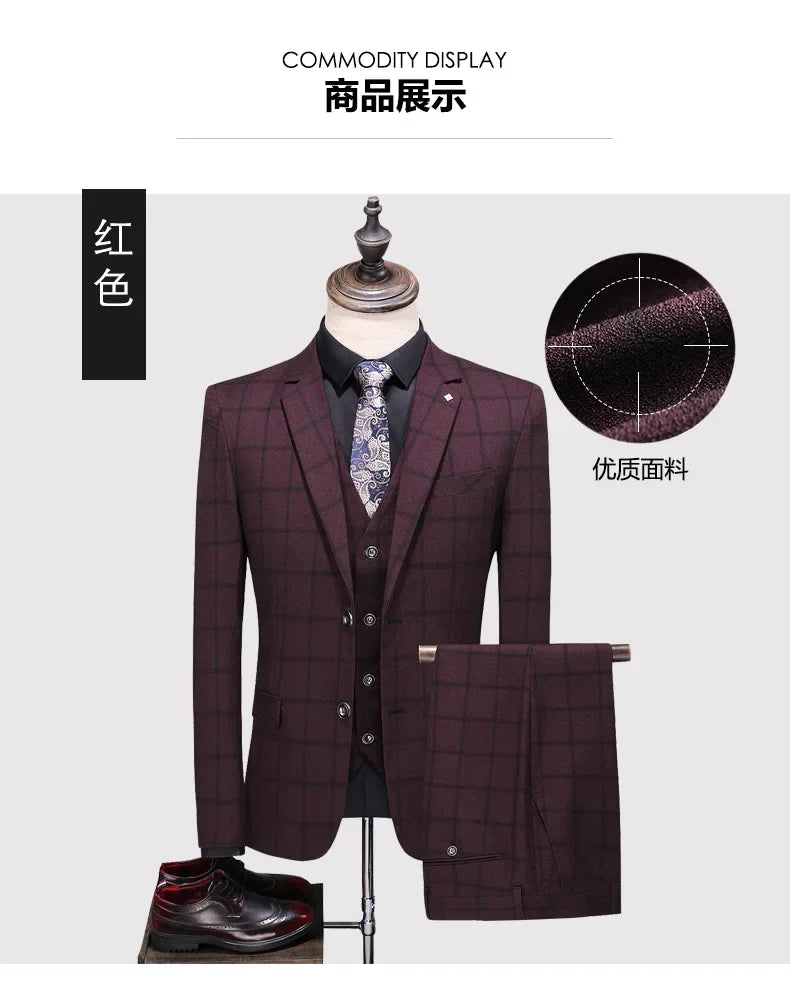 Men's Suit Set – Blazer, Vest & Trousers – British Grid Smart Casual for Business & Weddings