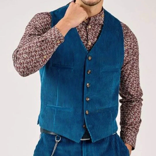 Men's V-Neck Corduroy Vest for Men — Single-Breasted Sleeveless Waistcoat for Smart Casual & Work