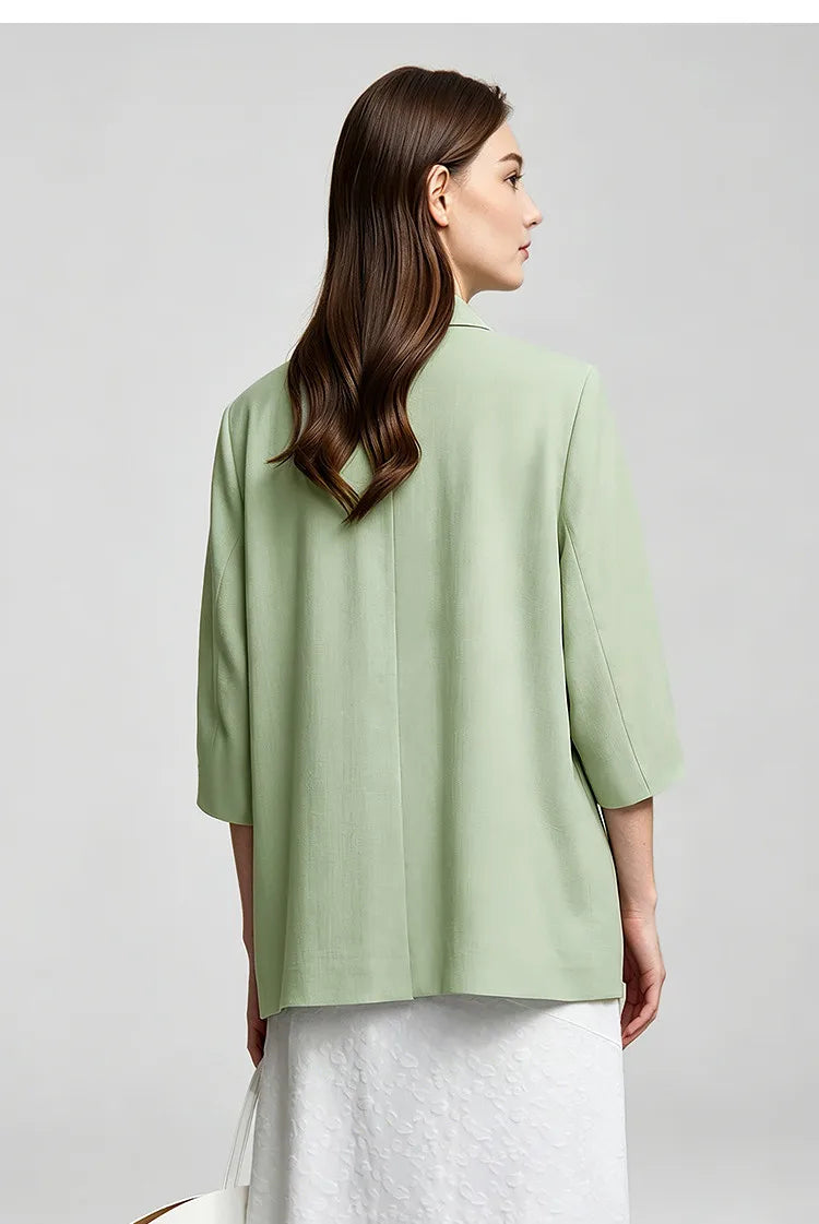Women's Blazer 2026 Summer New Notch Lapel Linen Blend Pleated Half Sleeve Jacket Casual Office Midi Length Coat 12642184