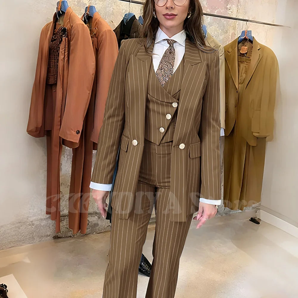 Navy Blue Striped Suit For Women Stylish Single Button Peak Lapel Elegant Outfit Business Meeting Office Formal Set Three Pieces