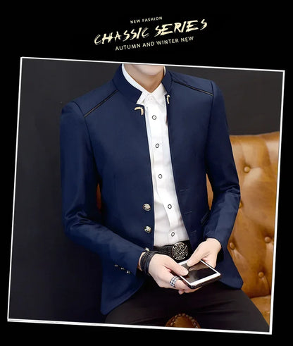 2024 Spring New Men's Stand Collar Casual Suit Jackets Youth Fashion Solid Color Stitching Three Button Mens Blazer Coats