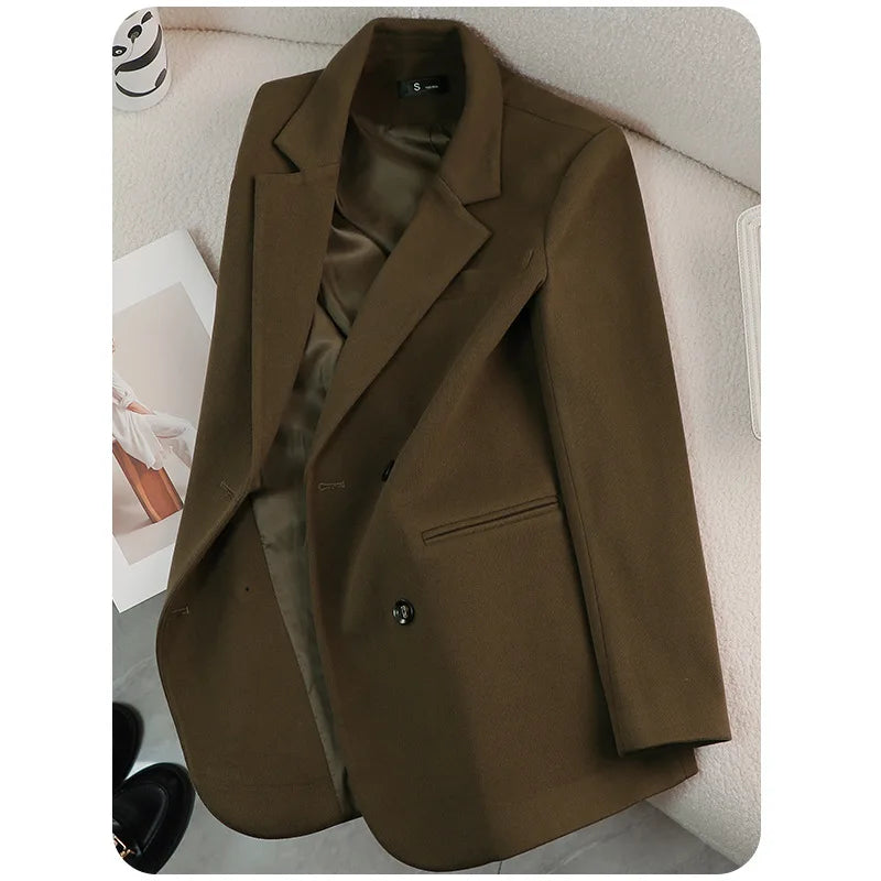 Autumn Winter 2024 New Apricot Coffee Black Elegant Double Breasted Blazer Top And Women High Waist Wide Leg Pant Two Piece Set
