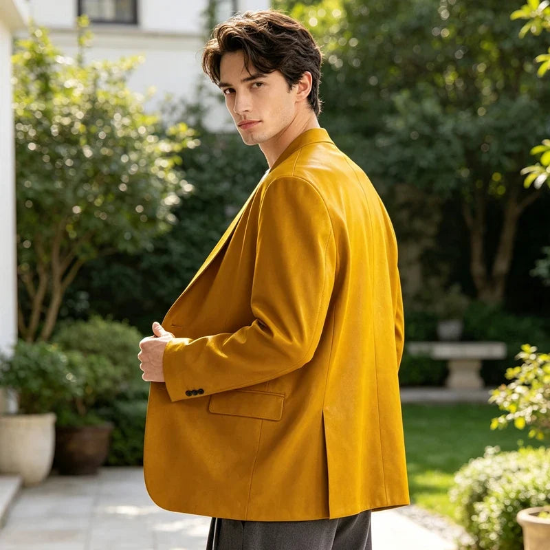 Men's PU Leather Collarless Blazer Single Button Loose Fit Jacket for Wedding Party Office