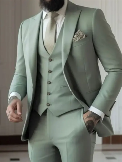 Men's 3 Piece Slim Fit Suit – Sage Green Single Breasted Jacket, Vest & Trousers for Wedding & Formal Occasions