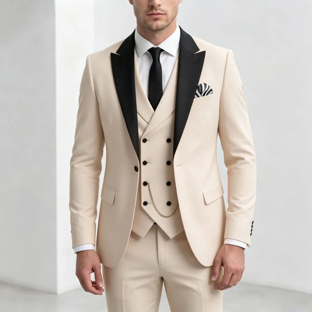 Men Suit Yellow 3 Pieces With Black Lapel For Wedding Groom Birthday Banquet Party Business Work Office Set Jacket Vest Pants