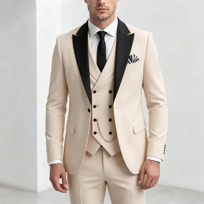 Men Suit Yellow 3 Pieces With Black Lapel For Wedding Groom Birthday Banquet Party Business Work Office Set Jacket Vest Pants