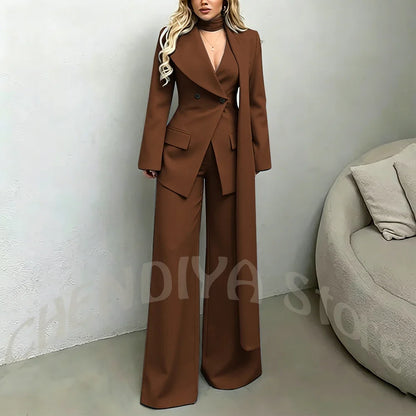 Classic Black Women Suit Set Double Breasted Asymmetrical Blazer Pants with Muffler Formal Office Elegant Two Piece Outfit