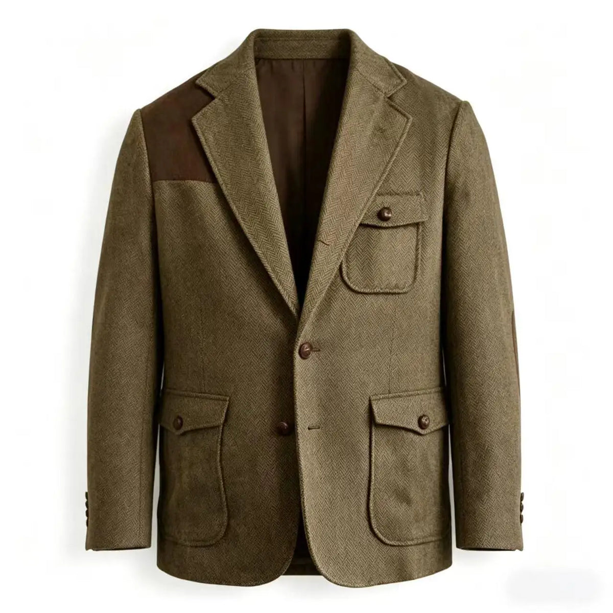 Men's Herringbone Tweed Blazer Shoulder Patchwork Suede Notch Lapel Suit Jacket Classic Fit Casual Business Vintage Sport Coat