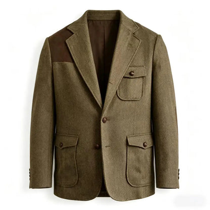 Men's Herringbone Tweed Blazer Shoulder Patchwork Suede Notch Lapel Suit Jacket Classic Fit Casual Business Vintage Sport Coat