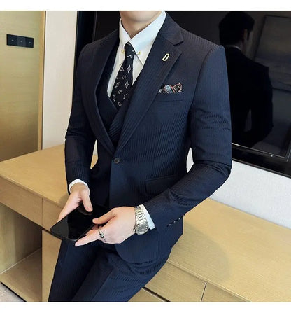 Men's Slim Fit 2-Piece Suit – Striped Single-Breasted Blazer and Trousers for Wedding, Business & Formal Wear