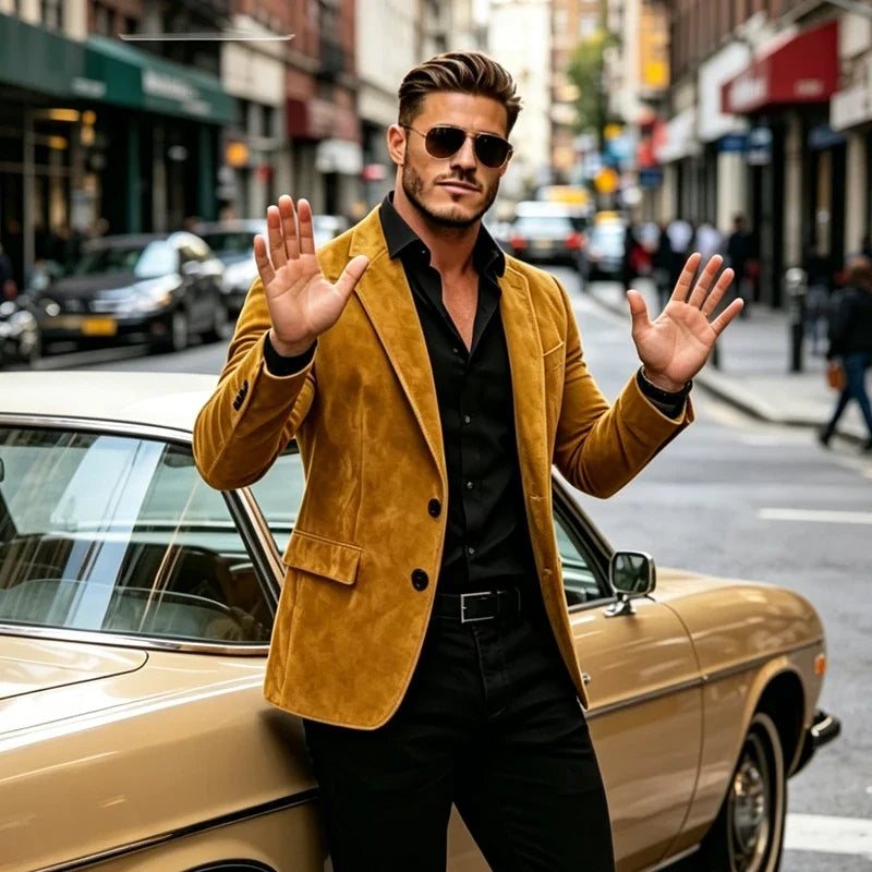 Luxury Men's Suede Texture Blazer Notched Lapel Slim Fit 2 Button Sport Coat Business Casual Formal Wedding Party Suit Jacket