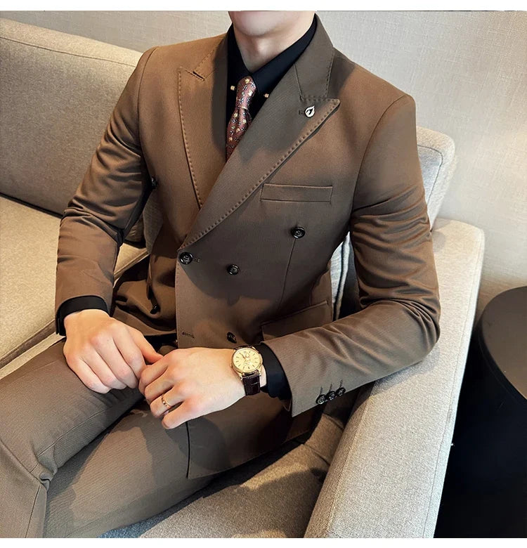 Men's Double Breasted Slim Fit Suit Set – Wedding & Smart Casual – Navy Blue, Brown, Black