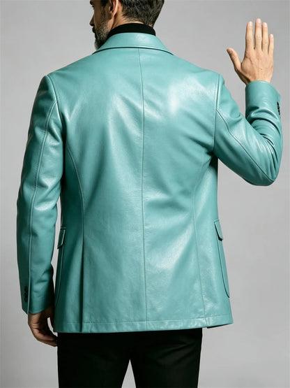 Men's PU Leather Blazer Single Breasted Slim Fit Notched Collar Suit Jacket Motorcycle Sport Coat For Formal Business Party
