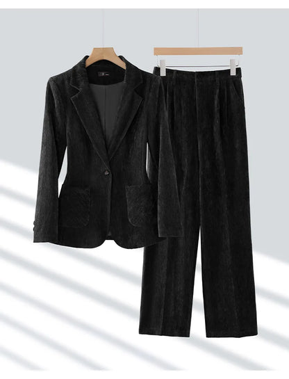2024 Autumn New Corduroy Elegant Pant Suit Ladies Formal Business Work Wear 2 Piece Set Black Coffee Jacket Blazer And Trouser