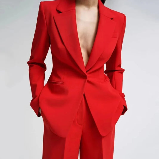 Women Suit 2 Pieces Red With Lapel Single Button For Wedding Party Business Work Daily Commute Casual Shopping Blazer And Pant