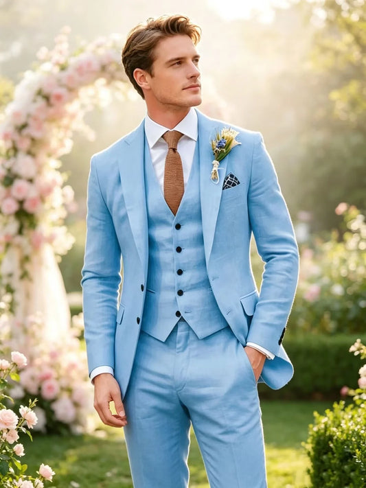 Costumes d'été en lin bleu/beige pour hommes, revers de pointe, coupe ajustée, deux boutons, blazer, gilet, pantalon, smoking de marié, bal de promo, dîner, ensemble 3 pièces