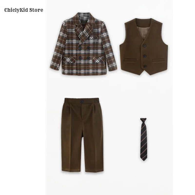 Boys British Double Breasted Blazer Jacket Pants Children Suit Waistcoat Wedding Clothes Sets Toddler Formal Dress Kids Tuxedos