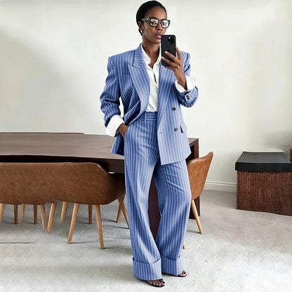 Neutral Gray Pinstripe Oversized Matching Sets Double Breasted Women's Suit Casual Formal 2-Piece(Jacket+Pants) Office Set