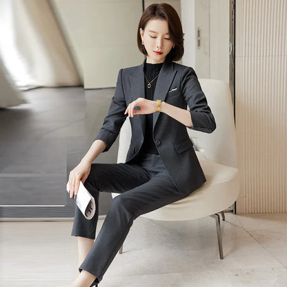 Ladies Blazer And Pant Suit Formal Army Green Khaki Gray Black Solid Women Jacket Trouser Female Business Work Wear 2 Piece Set
