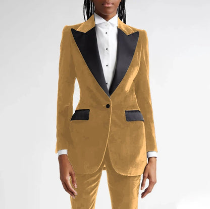 Black Flannel Women Suit Customized Single-grain Buckle Peaked Lapel Two Pieces(Jacket+Pants) Modern Business Office Lady Set