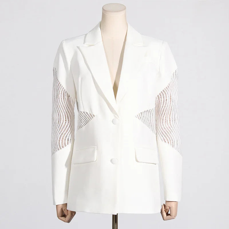 Spring Autumn New Women Blazer Hollow Out Sheer Lace Patchwork Single Breasted Long Sleeves Trend Elegant Sexy Coat HK18271