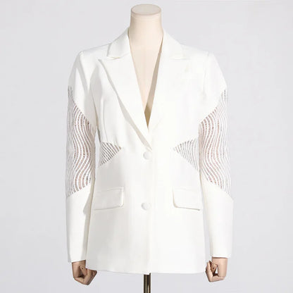 Spring Autumn New Women Blazer Hollow Out Sheer Lace Patchwork Single Breasted Long Sleeves Trend Elegant Sexy Coat HK18271