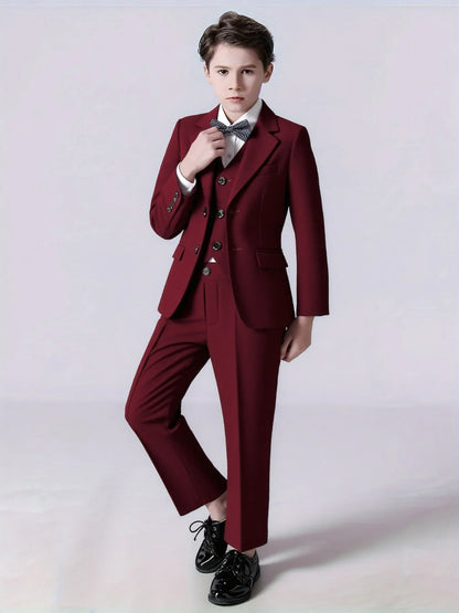 Boys Wedding Party Dress Children Performance Costome Kids New Year Red 4Pieces/Set Jacket Vest Pants Bowtie Photography Suit