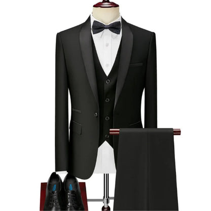 Men's Black White Slim Fit Three Piece Suit Set Large Size Autumn Wedding Party Blazer Coat Pants Vest Fashion Male Outfit