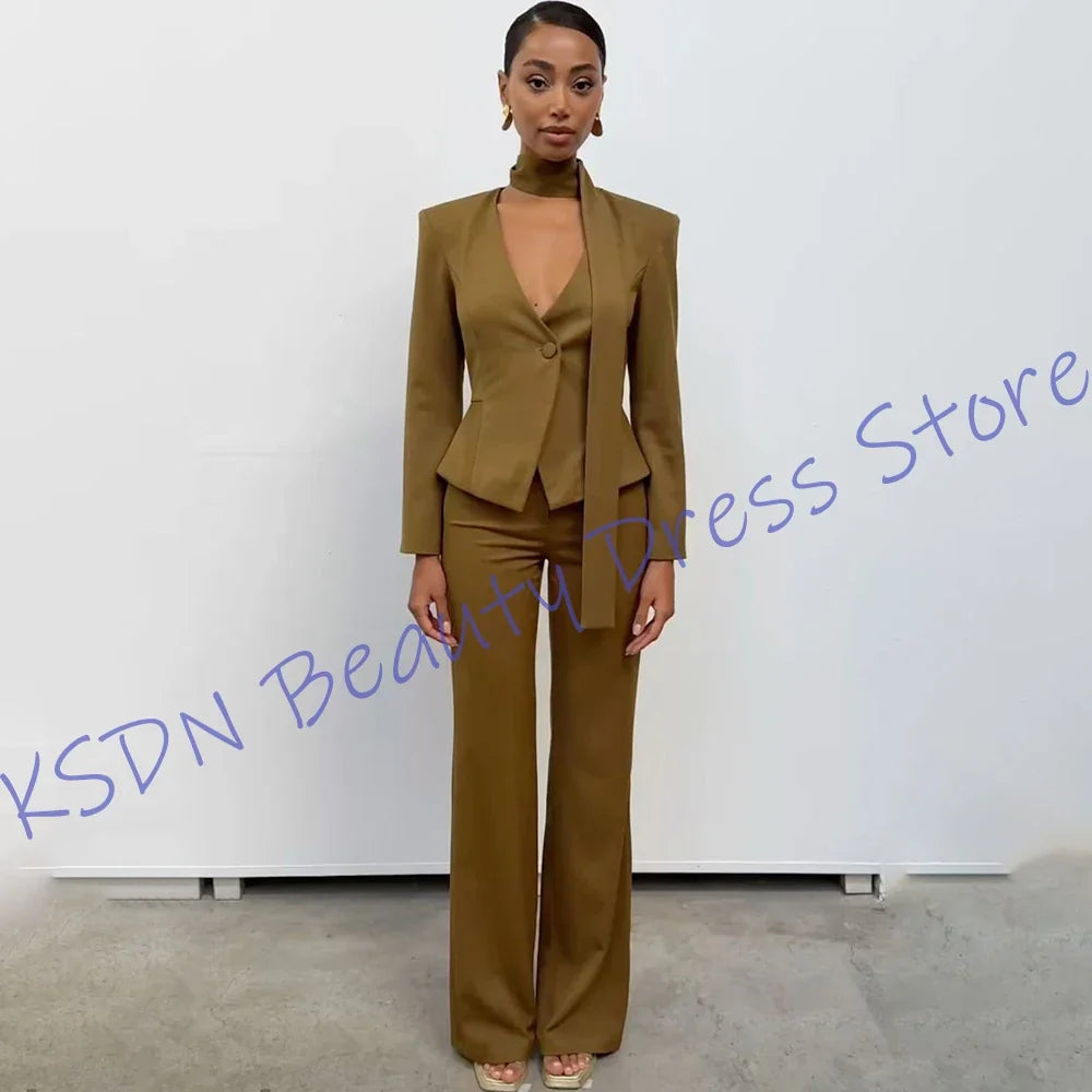Elegant Camel Brown Women's 2-Piece Suit Slim Fit Single Button Short Jacket+Pants Set Formal Casual Outfit Daily Office Wear