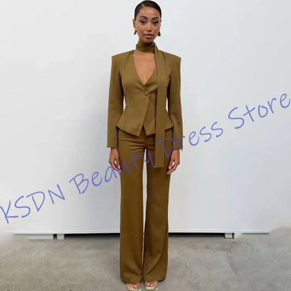 Elegant Camel Brown Women's 2-Piece Suit Slim Fit Single Button Short Jacket+Pants Set Formal Casual Outfit Daily Office Wear